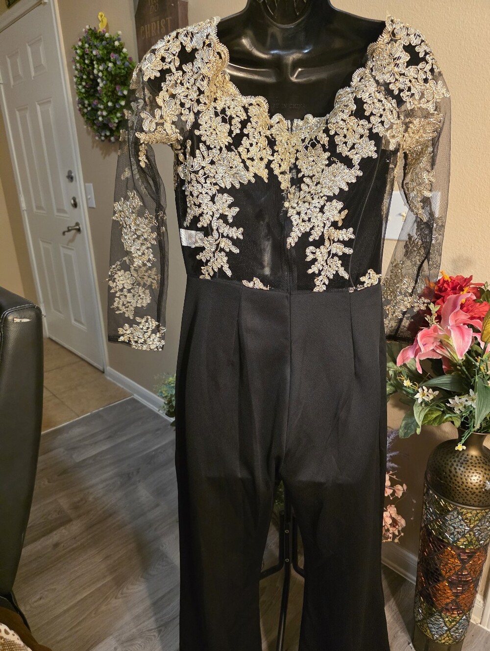 Black Jumpsuit with Gold Lace-Embellished Bodice